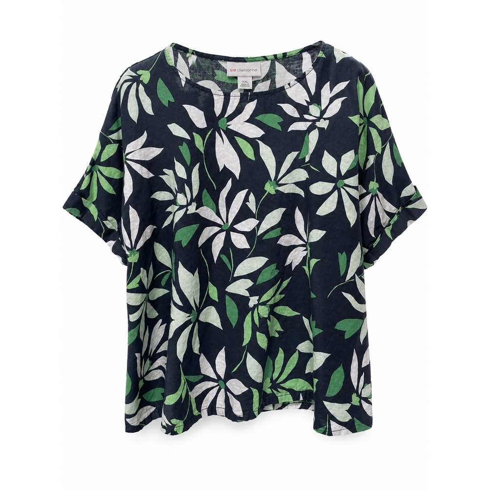 Liz Claiborne XXL Navy Floral Blouse Green White Print Short Sleeve Top